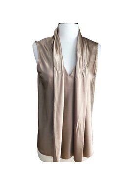 Nine West Silky Blouse Womens size M Nude Gold Sleeveless V Tie Neck Office NEW
